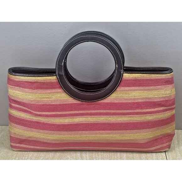 Anne Klein 2 Medium Pink & Yellow Striped Canvas Grab Handbag with Brown Trim - Picture 1 of 16